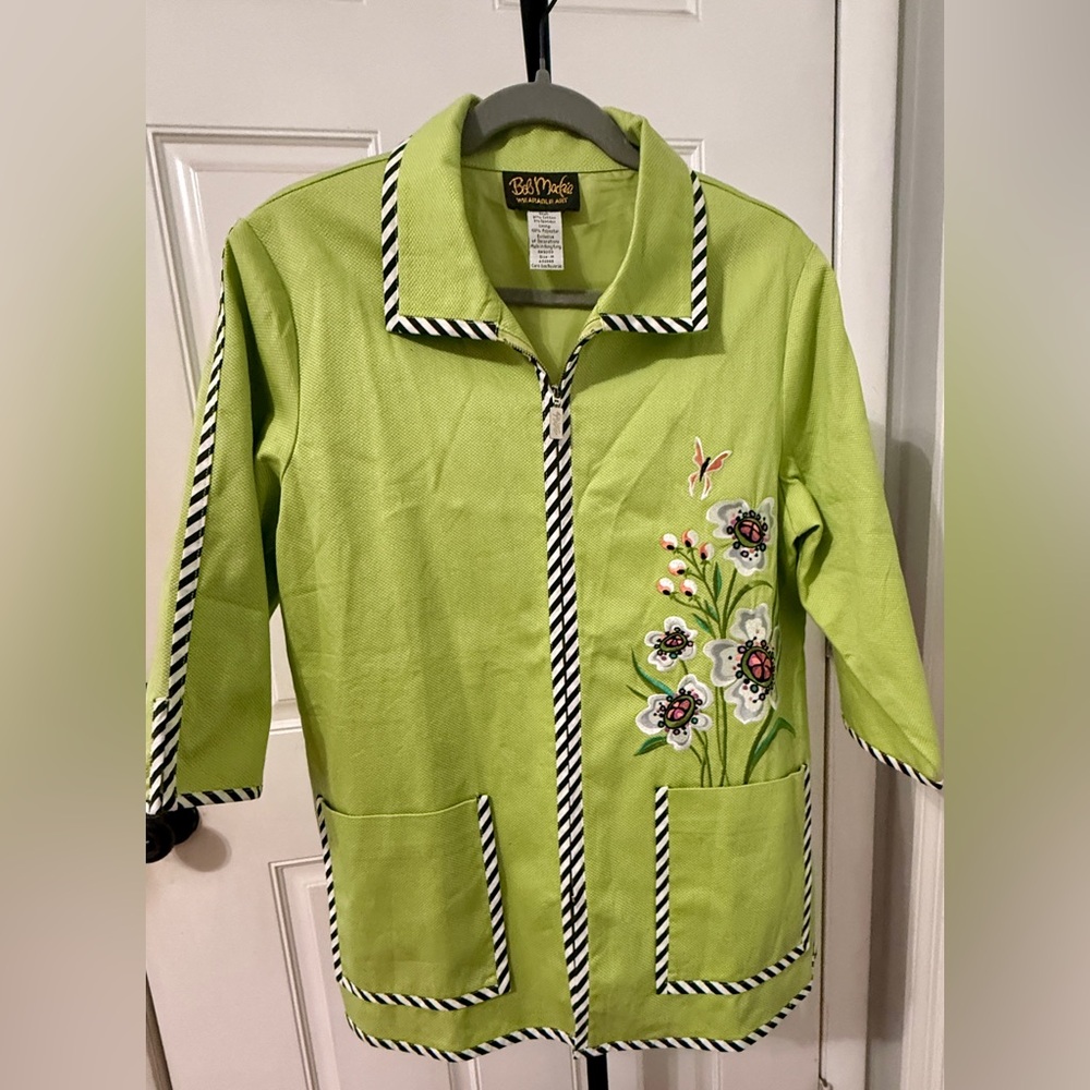 Bob Mackie Vintage Lime Green Jacket Striped Trim Embroidered Flowers‎ Eclectic